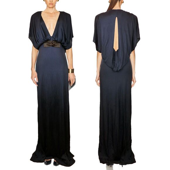 Yigal Azrouel Maxi Gown Womens 3 Blue Deep V Draped Rayon Dress Bridal Greek Y2K - Picture 1 of 16